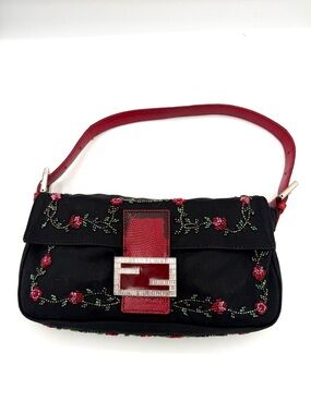Fendi Black Neoprene Beaded Rhinestone Floral Baguette with Red Lizard Accent